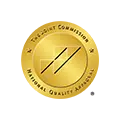 Gold circular seal with compass design and text border on yellow background.